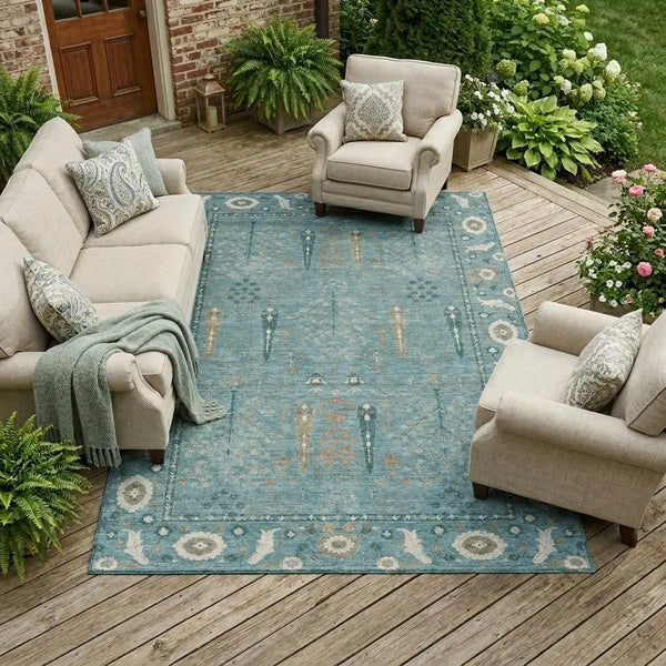 8' X 10' Teal Blue And Silver Oriental Washable Indoor Outdoor Area Rug Homeroots Outdoor