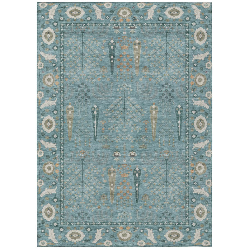 8' X 10' Teal Blue And Silver Oriental Washable Indoor Outdoor Area Rug Homeroots Outdoor
