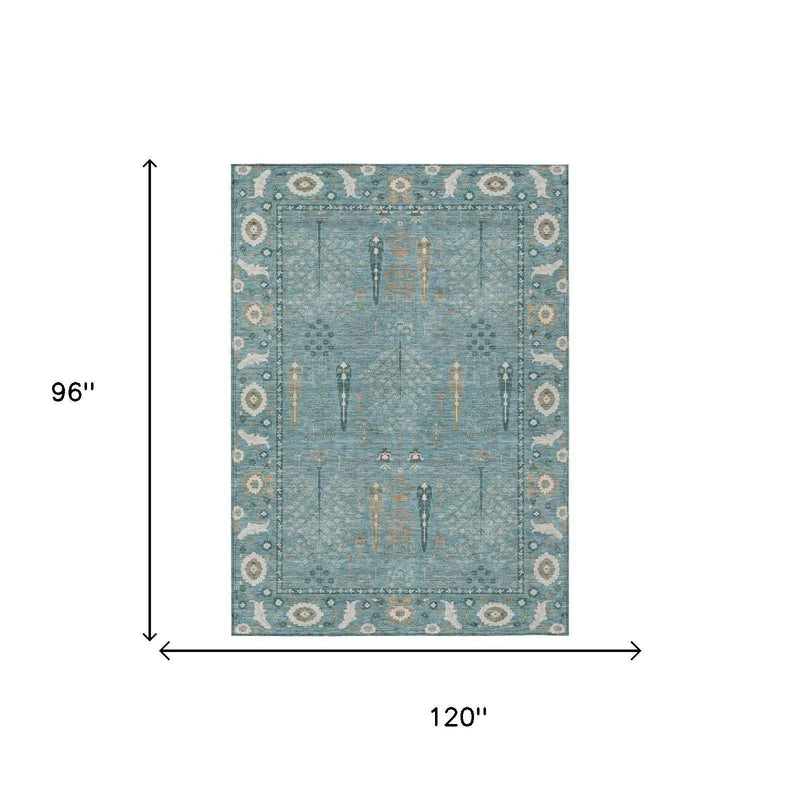 8' X 10' Teal Blue And Silver Oriental Washable Indoor Outdoor Area Rug Homeroots Outdoor