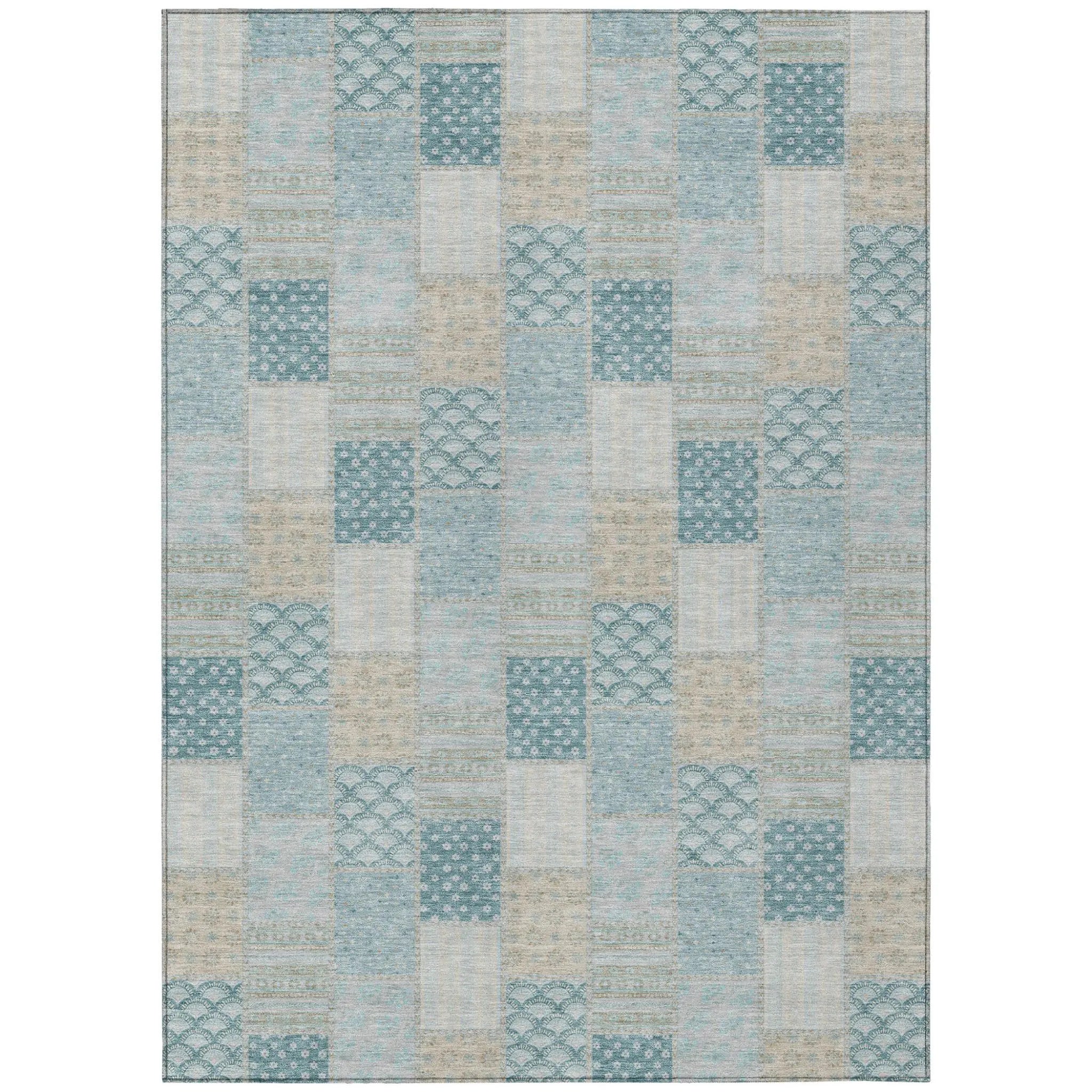 8' X 10' Teal Blue And Silver Patchwork Washable Indoor Outdoor Area Rug Homeroots Outdoor