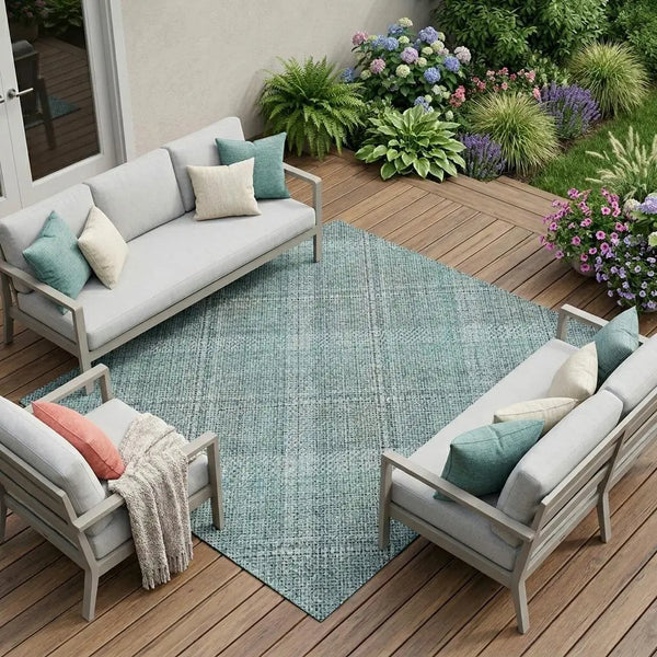 8' X 10' Teal Blue And Silver Plaid Washable Indoor Outdoor Area Rug Homeroots Outdoor