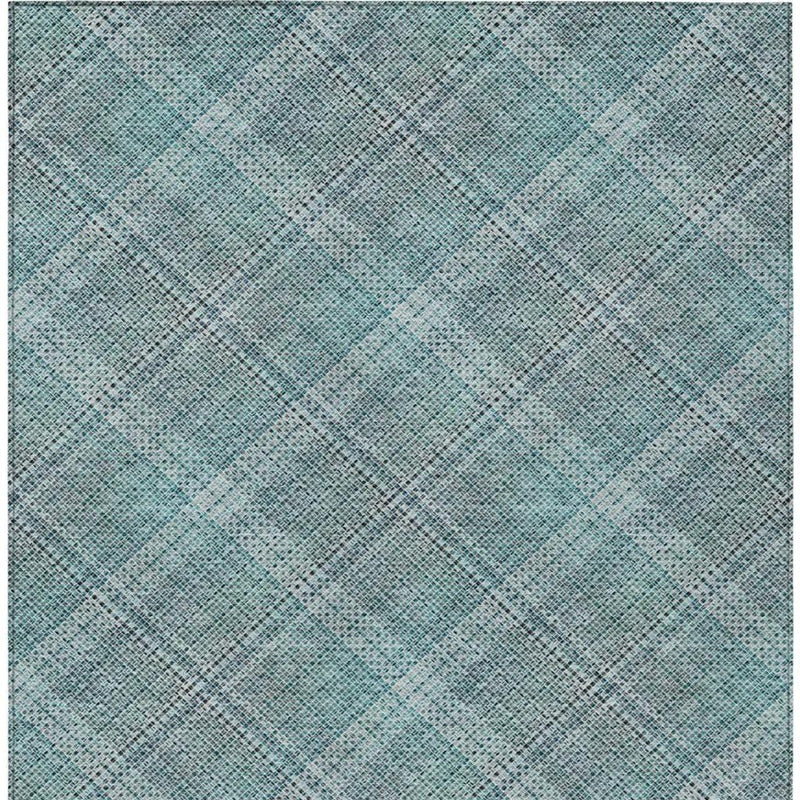 Blue and gray plaid patterned rug made of soft, durable fibers, perfect for modern home decor.