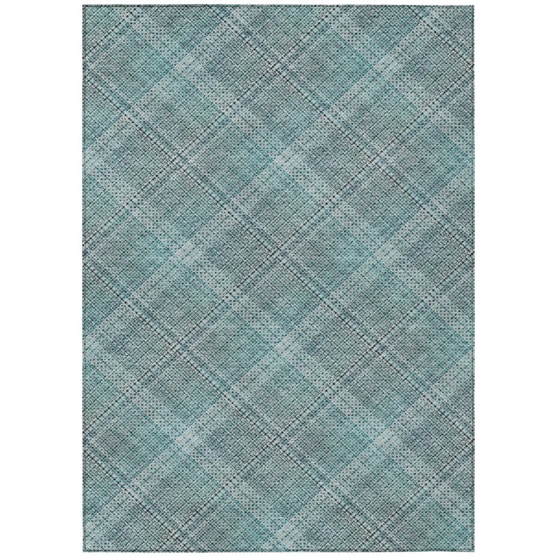 Aqua blue plaid area rug, woven in durable fabric, perfect for modern and coastal decor styles.