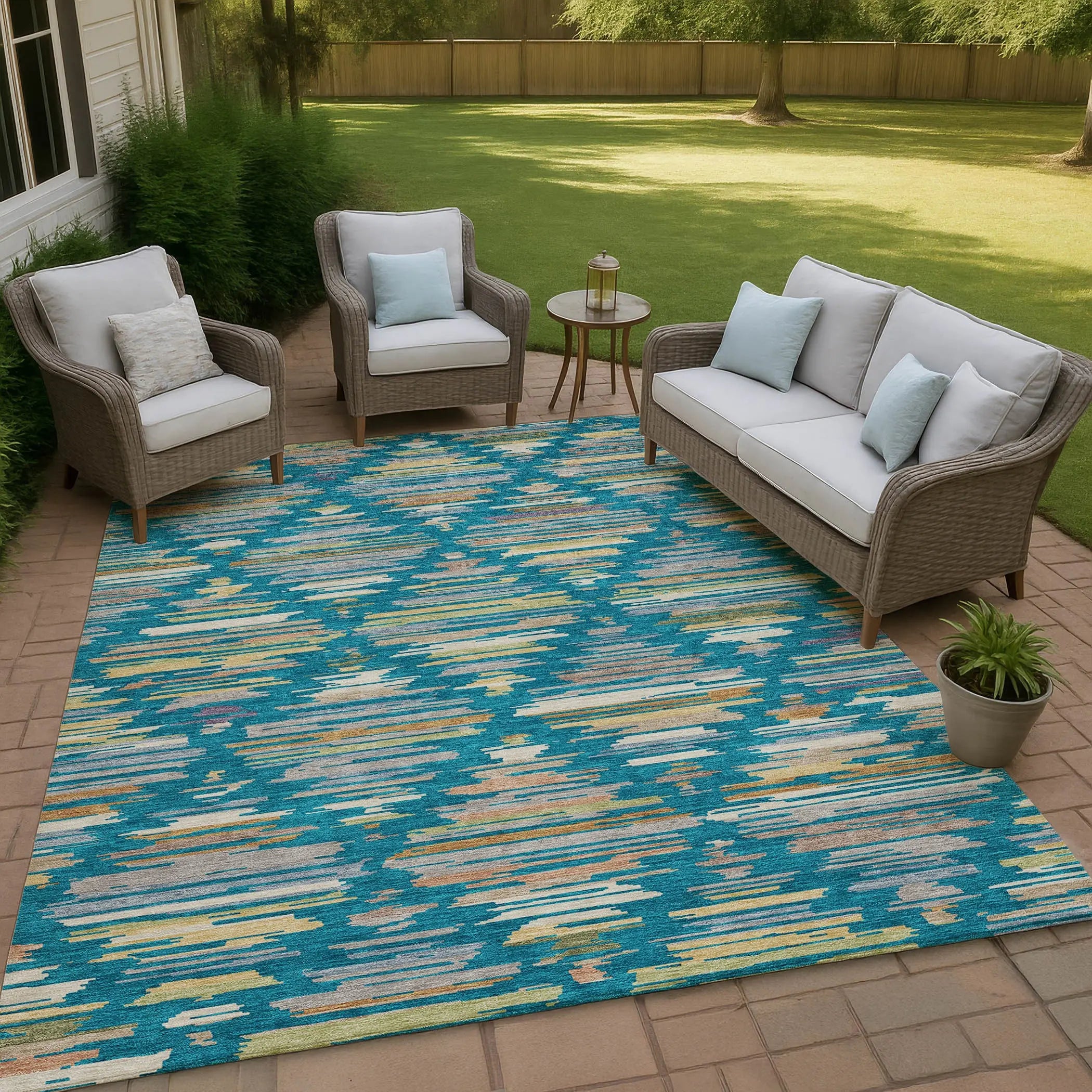 8' X 10' Teal Blue And Silver Southwestern Washable Indoor Outdoor Area Rug Homeroots Outdoor