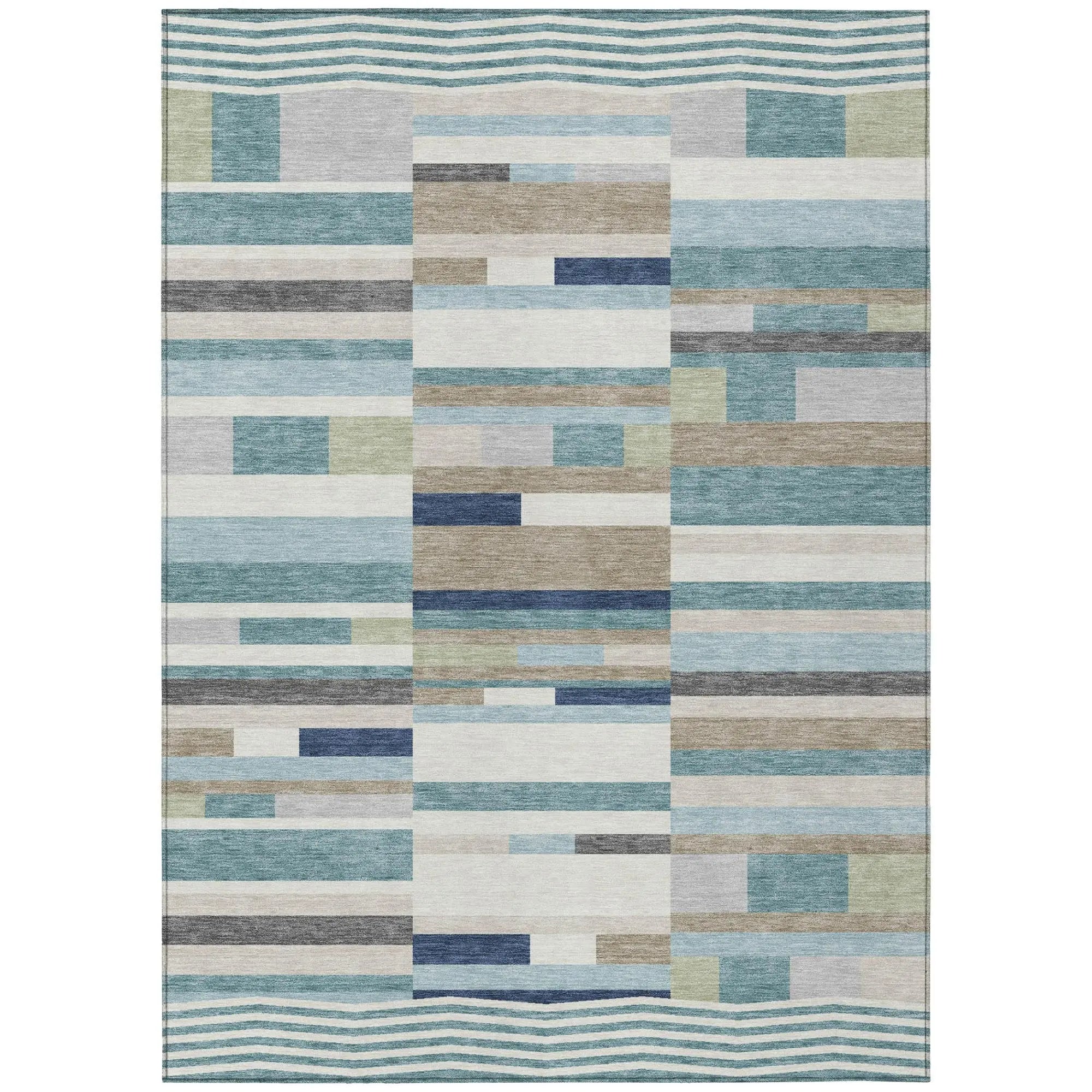 8' X 10' Teal Blue And Silver Striped Washable Indoor Outdoor Area Rug Homeroots Outdoor