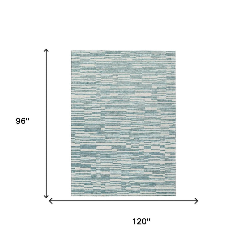8' X 10' Teal Blue And Silver Striped Washable Indoor Outdoor Area Rug Homeroots Outdoor