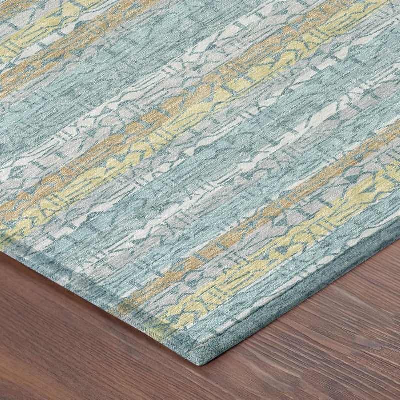 8' X 10' Teal Blue And Silver Striped Washable Indoor Outdoor Area Rug Homeroots Outdoor
