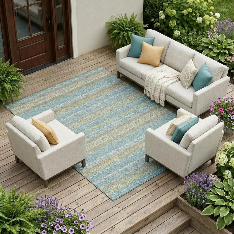 8' X 10' Teal Blue And Silver Striped Washable Indoor Outdoor Area Rug Homeroots Outdoor