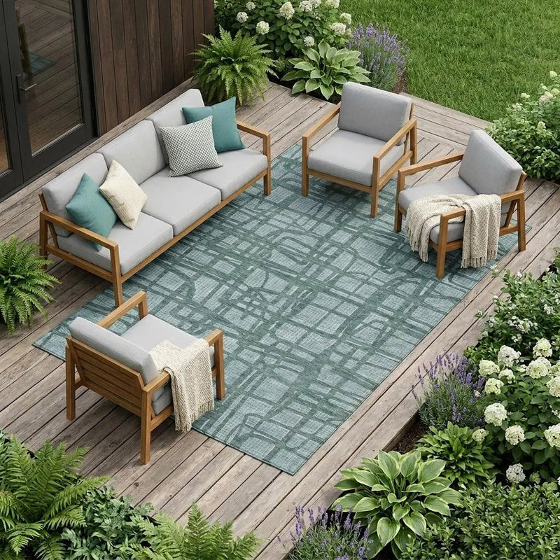 8' X 10' Teal Blue And Sky Blue Abstract Washable Indoor Outdoor Area Rug Homeroots Outdoor