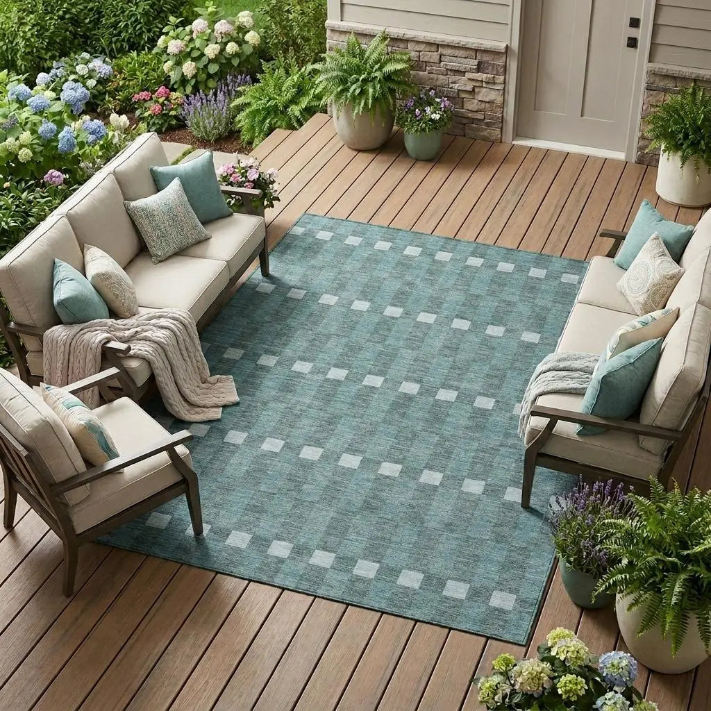 8' X 10' Teal Blue And Sky Blue Geometric Washable Indoor Outdoor Area Rug Homeroots Outdoor