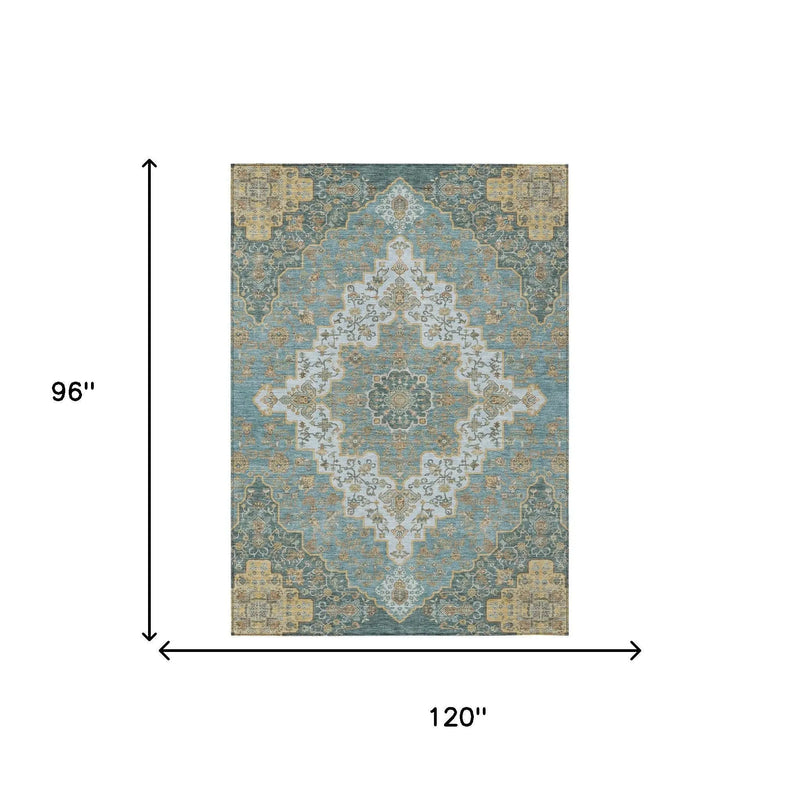 8' X 10' Teal Blue And Sky Blue Medallion Washable Indoor Outdoor Area Rug Homeroots Outdoor