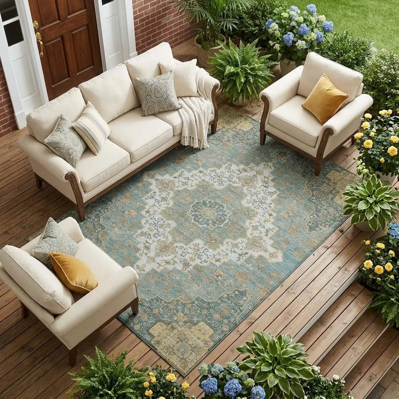 8' X 10' Teal Blue And Sky Blue Medallion Washable Indoor Outdoor Area Rug Homeroots Outdoor