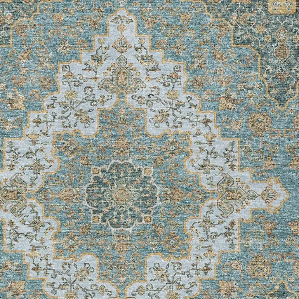 8' X 10' Teal Blue And Sky Blue Medallion Washable Indoor Outdoor Area Rug Homeroots Outdoor