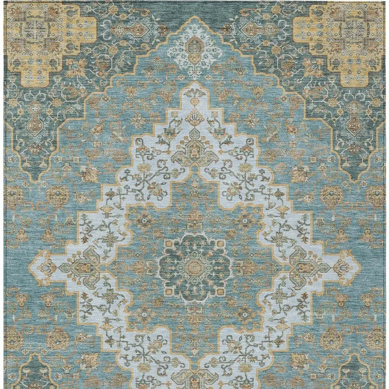 8' X 10' Teal Blue And Sky Blue Medallion Washable Indoor Outdoor Area Rug Homeroots Outdoor