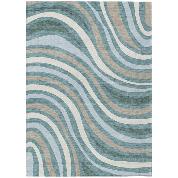 8' X 10' Teal Blue And Taupe Striped Washable Indoor Outdoor Area Rug Homeroots Outdoor
