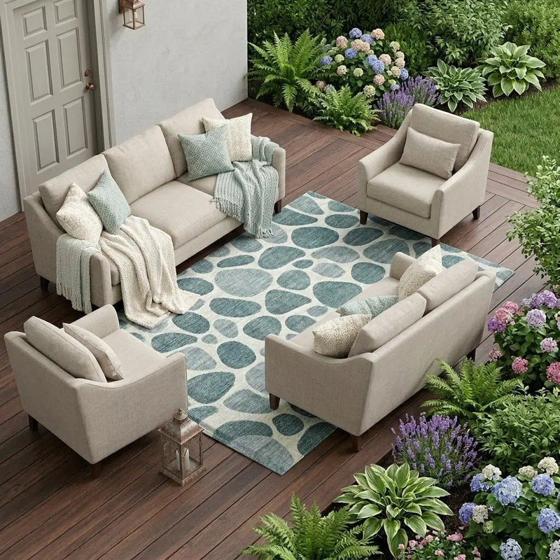 8' X 10' Teal Blue And Taupe Striped Washable Indoor Outdoor Area Rug Homeroots Outdoor