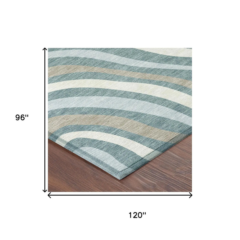 8' X 10' Teal Blue And Taupe Striped Washable Indoor Outdoor Area Rug Homeroots Outdoor