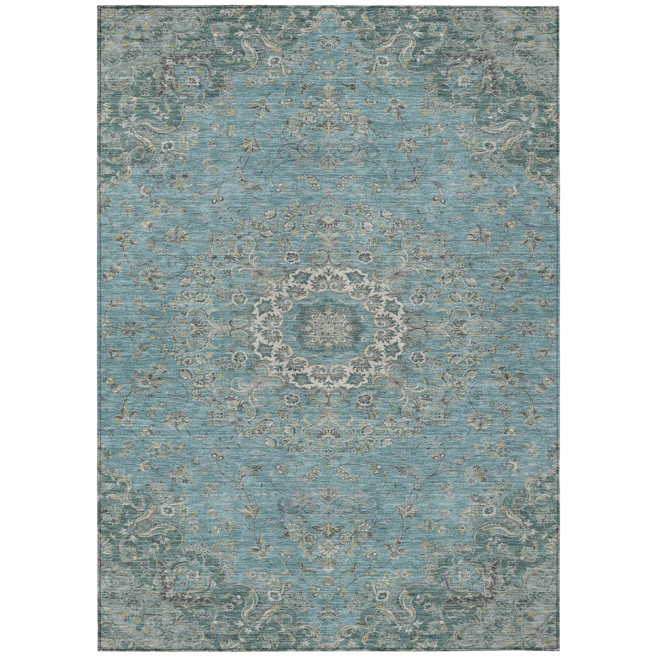 8' X 10' Teal Blue And Turquoise Floral Medallion Washable Indoor Outdoor Area Rug Homeroots Outdoor