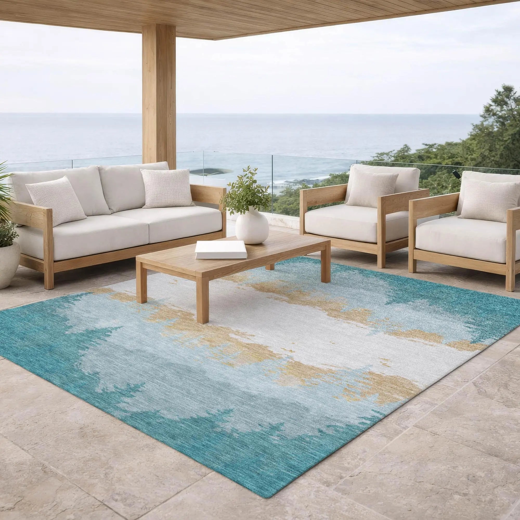 8' X 10' Teal Blue And Turquoise Floral Washable Indoor Outdoor Area Rug Homeroots Outdoor