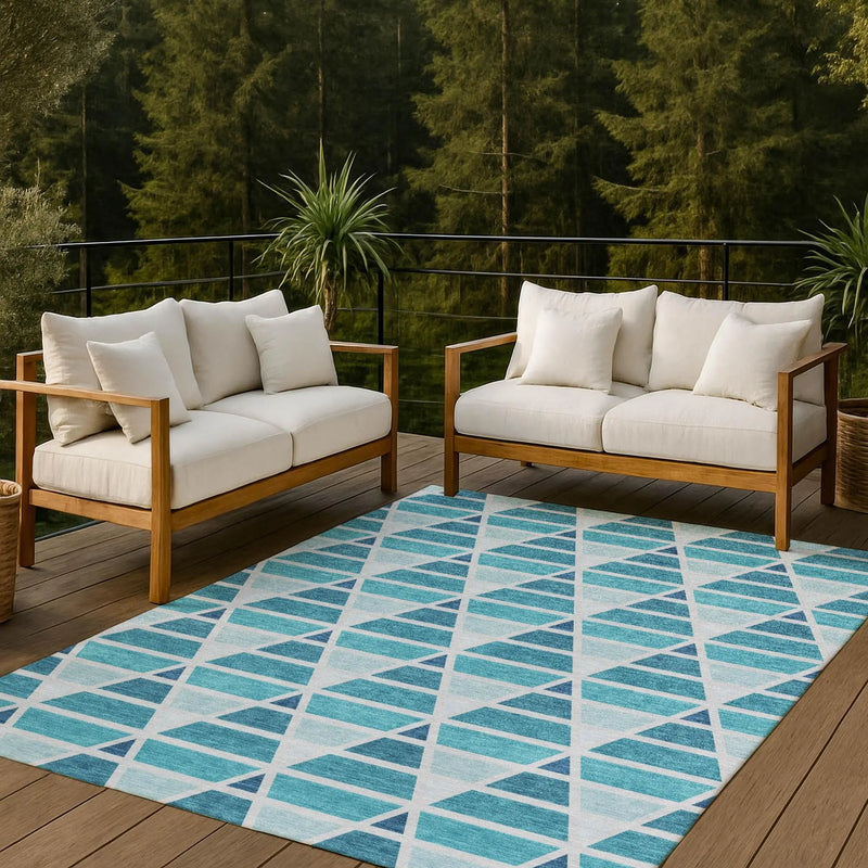 8' X 10' Teal Blue And Turquoise Geometric Washable Indoor Outdoor Area Rug Homeroots Outdoor