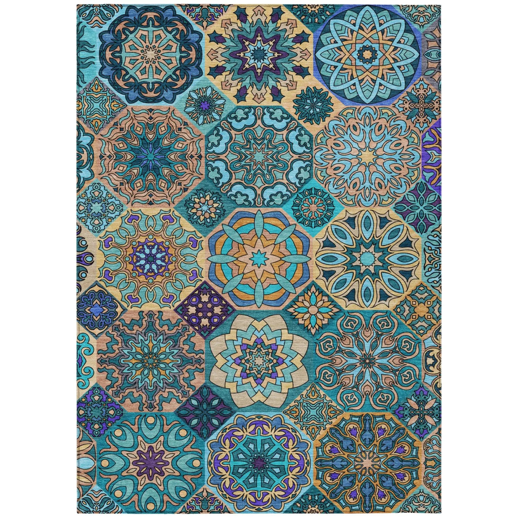 8' X 10' Teal Blue And Turquoise Patchwork Washable Indoor Outdoor Area Rug Homeroots Outdoor