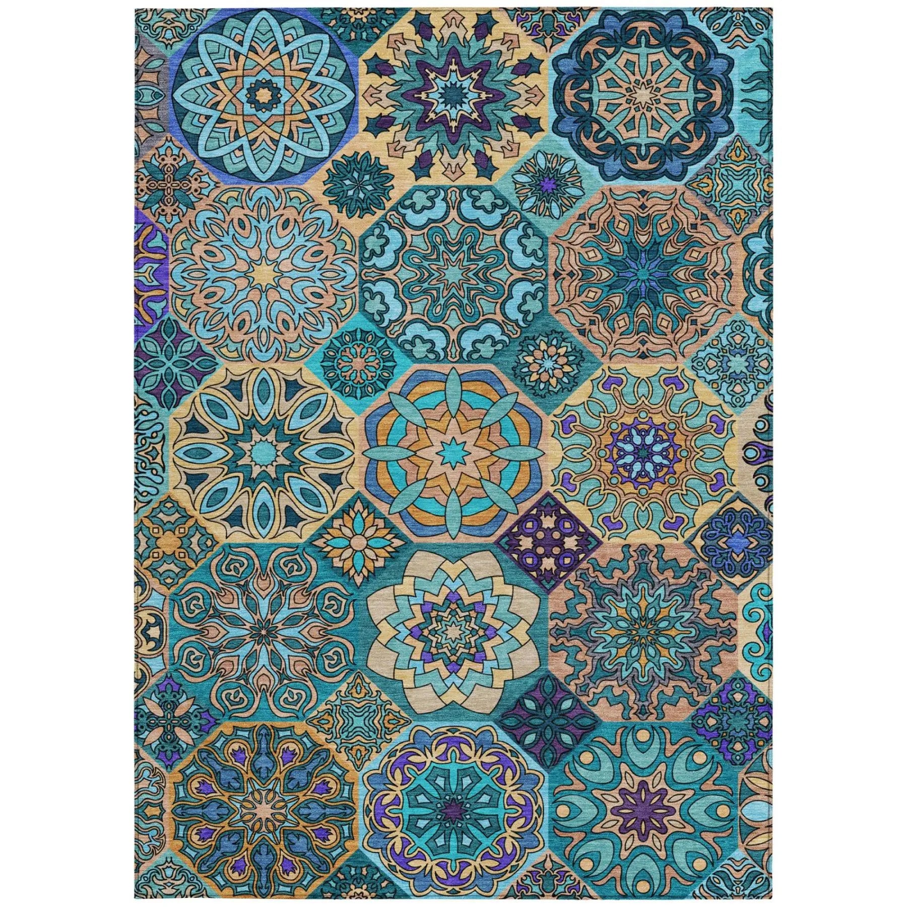 8' X 10' Teal Blue And Turquoise Patchwork Washable Indoor Outdoor Area Rug Homeroots Outdoor