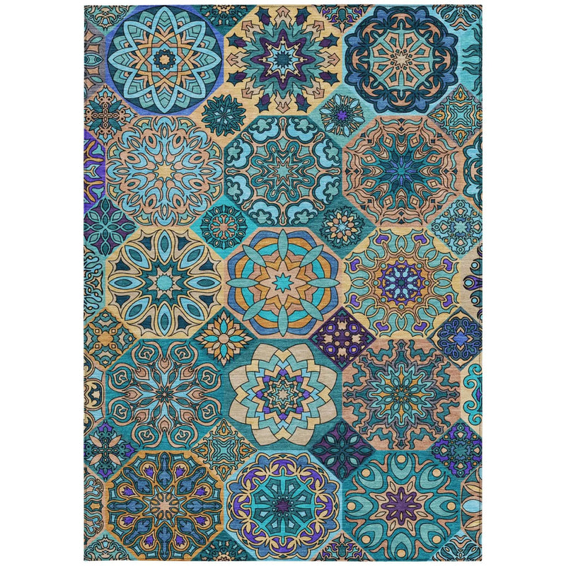 8' X 10' Teal Blue And Turquoise Patchwork Washable Indoor Outdoor Area Rug Homeroots Outdoor
