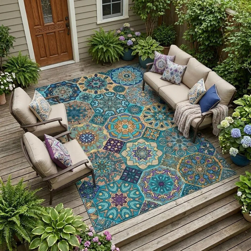 8' X 10' Teal Blue And Turquoise Patchwork Washable Indoor Outdoor Area Rug Homeroots Outdoor