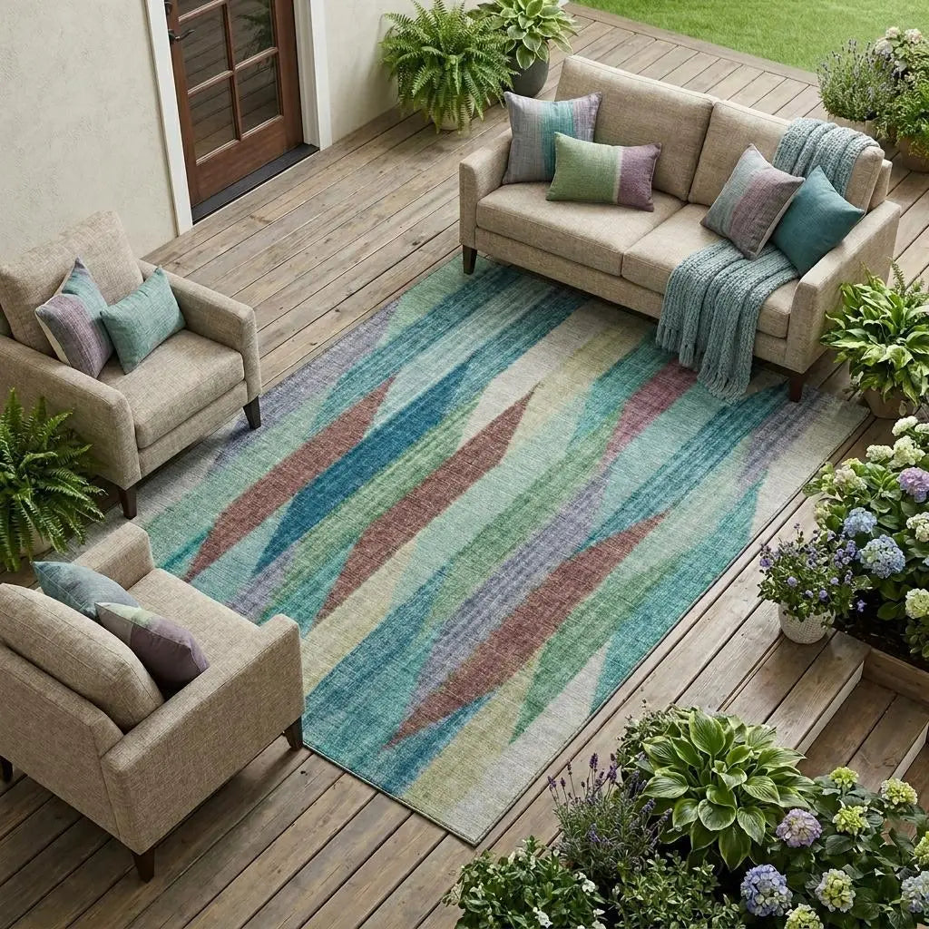 8' X 10' Teal Blue And Turquoise Striped Washable Indoor Outdoor Area Rug Homeroots Outdoor