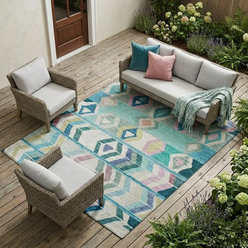 8' X 10' Teal Blue And Turquoise Tribal Washable Indoor Outdoor Area Rug Homeroots Outdoor