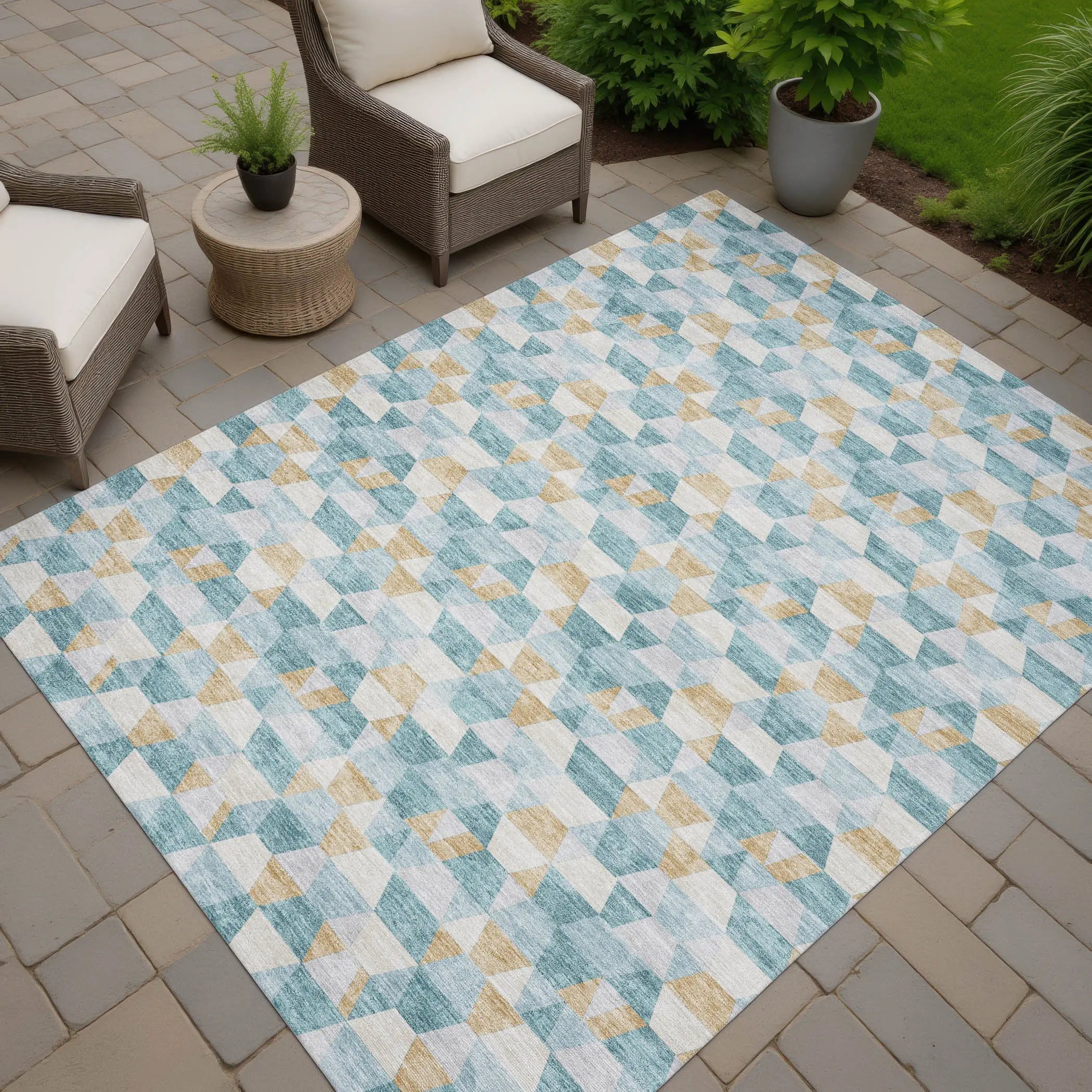 8' X 10' Teal Blue And Walnut Geometric Washable Indoor Outdoor Area Rug Homeroots Outdoor