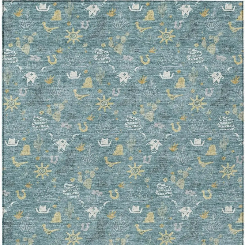 8' X 10' Teal Blue And Wheat Cactus Washable Indoor Outdoor Area Rug Homeroots Outdoor