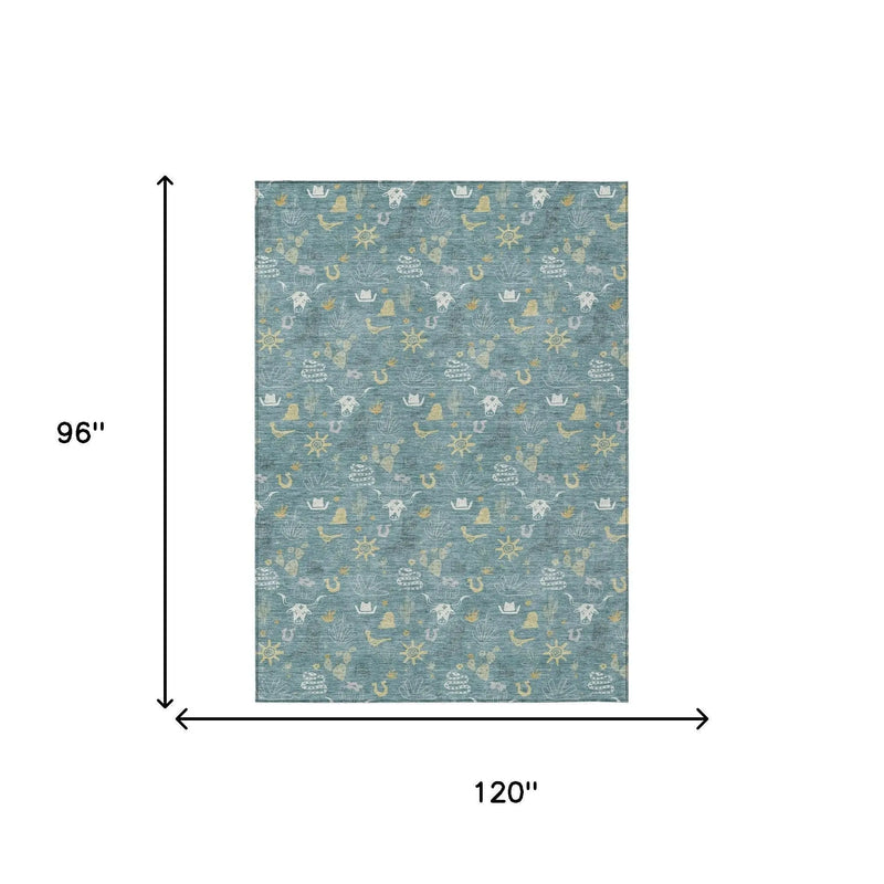 8' X 10' Teal Blue And Wheat Cactus Washable Indoor Outdoor Area Rug Homeroots Outdoor