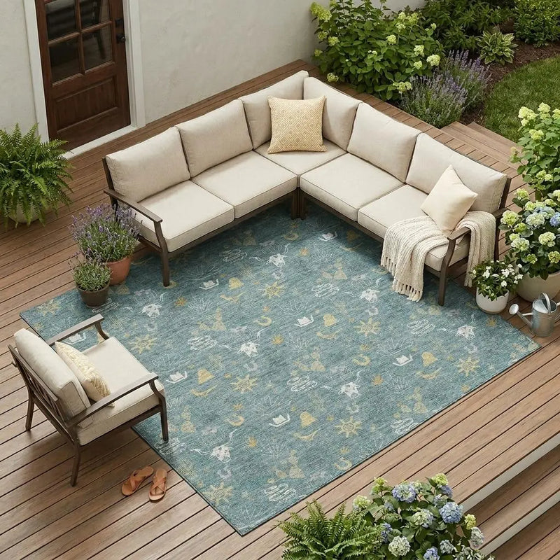8' X 10' Teal Blue And Wheat Cactus Washable Indoor Outdoor Area Rug Homeroots Outdoor