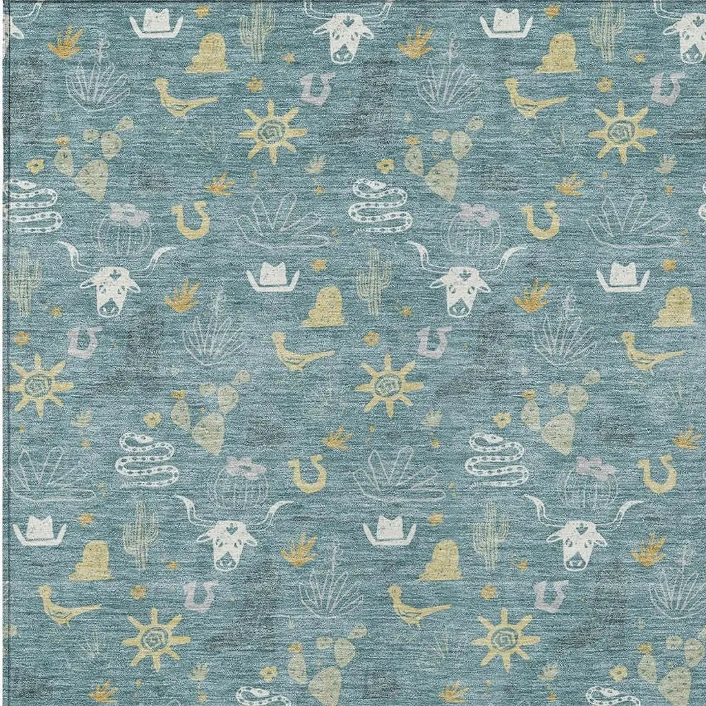8' X 10' Teal Blue And Wheat Cactus Washable Indoor Outdoor Area Rug Homeroots Outdoor