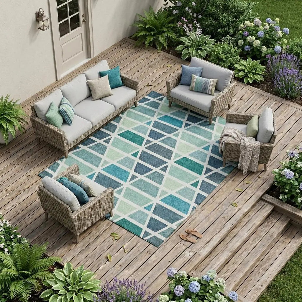 8' X 10' Teal Blue And White Geometric Washable Indoor Outdoor Area Rug Homeroots Outdoor