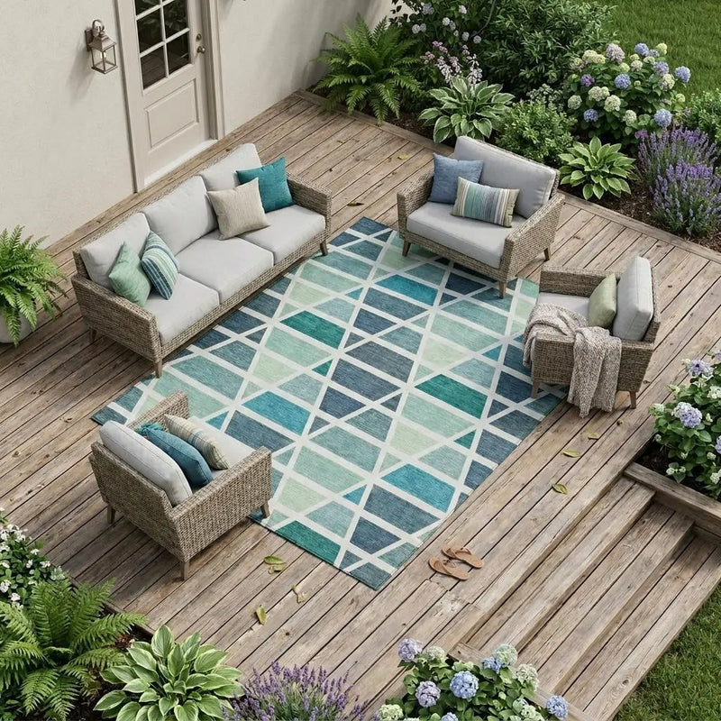 8' X 10' Teal Blue And White Geometric Washable Indoor Outdoor Area Rug Homeroots Outdoor