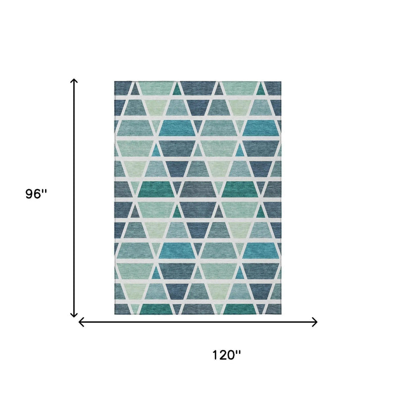 8' X 10' Teal Blue And White Geometric Washable Indoor Outdoor Area Rug Homeroots Outdoor