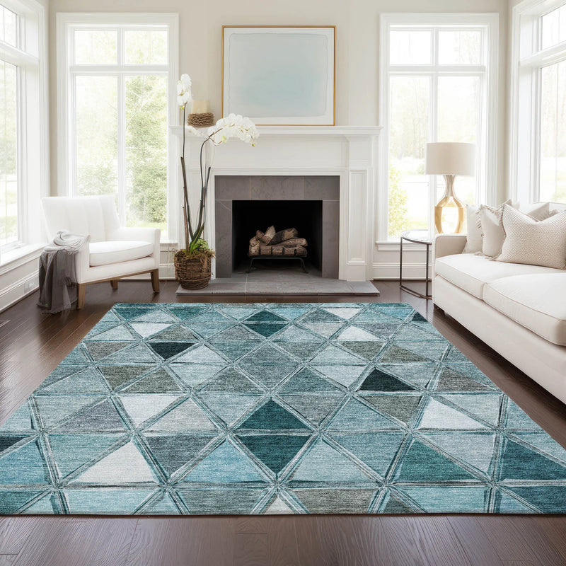 8' X 10' Teal Blue Aqua And Gray Geometric Washable Indoor Outdoor Area Rug Homeroots Outdoor