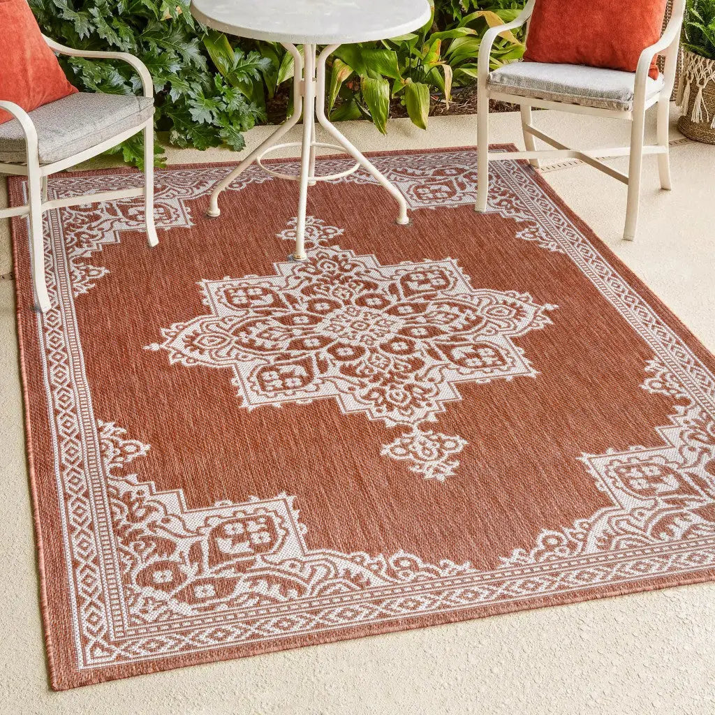 8' X 10' Terra Cotta And Cream Medallion Indoor Outdoor Area Rug Homeroots Outdoor