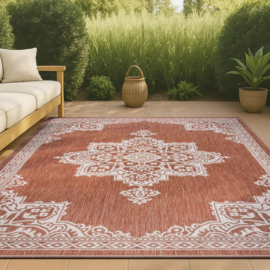 8' X 10' Terra Cotta And Cream Medallion Indoor Outdoor Area Rug Homeroots Outdoor