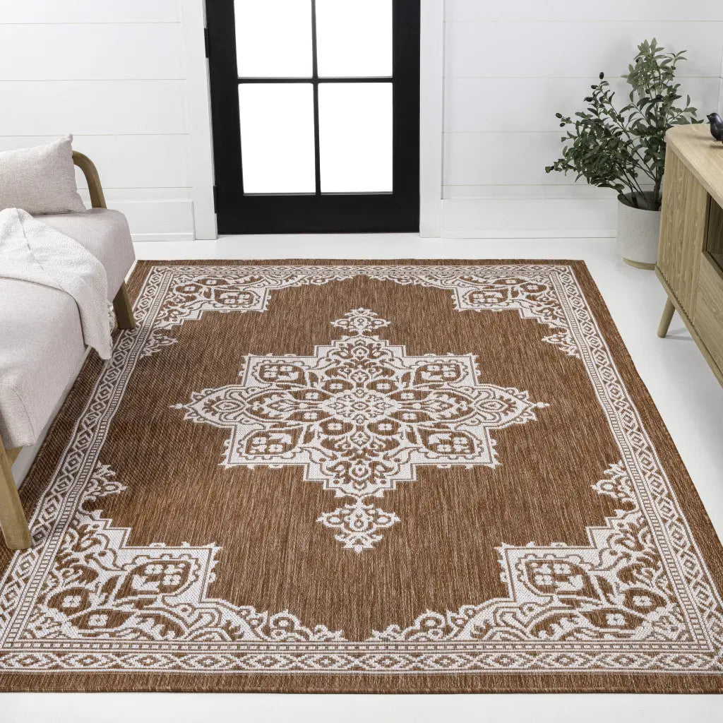 8' X 10' Terra Cotta And Cream Medallion Indoor Outdoor Area Rug Homeroots Outdoor
