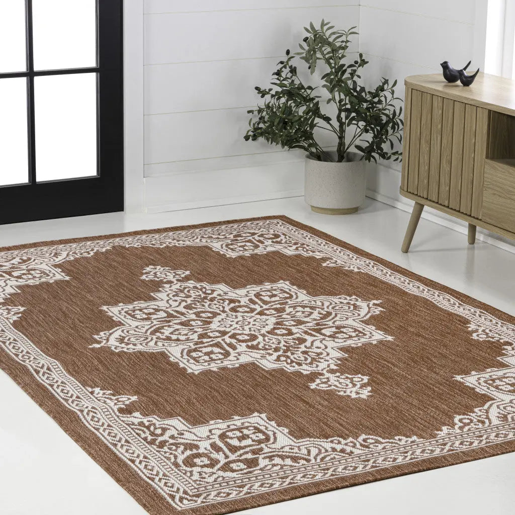 8' X 10' Terra Cotta And Cream Medallion Indoor Outdoor Area Rug Homeroots Outdoor