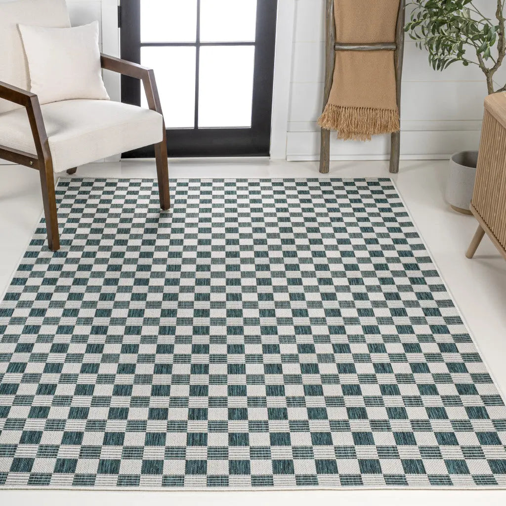 8' X 10' Turquoise And Cream Geometric Indoor Outdoor Area Rug - GreatEagleInc