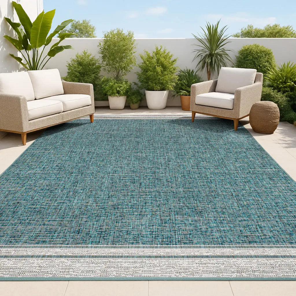 8' X 10' Turquoise And Cream Indoor Outdoor Area Rug - GreatEagleInc