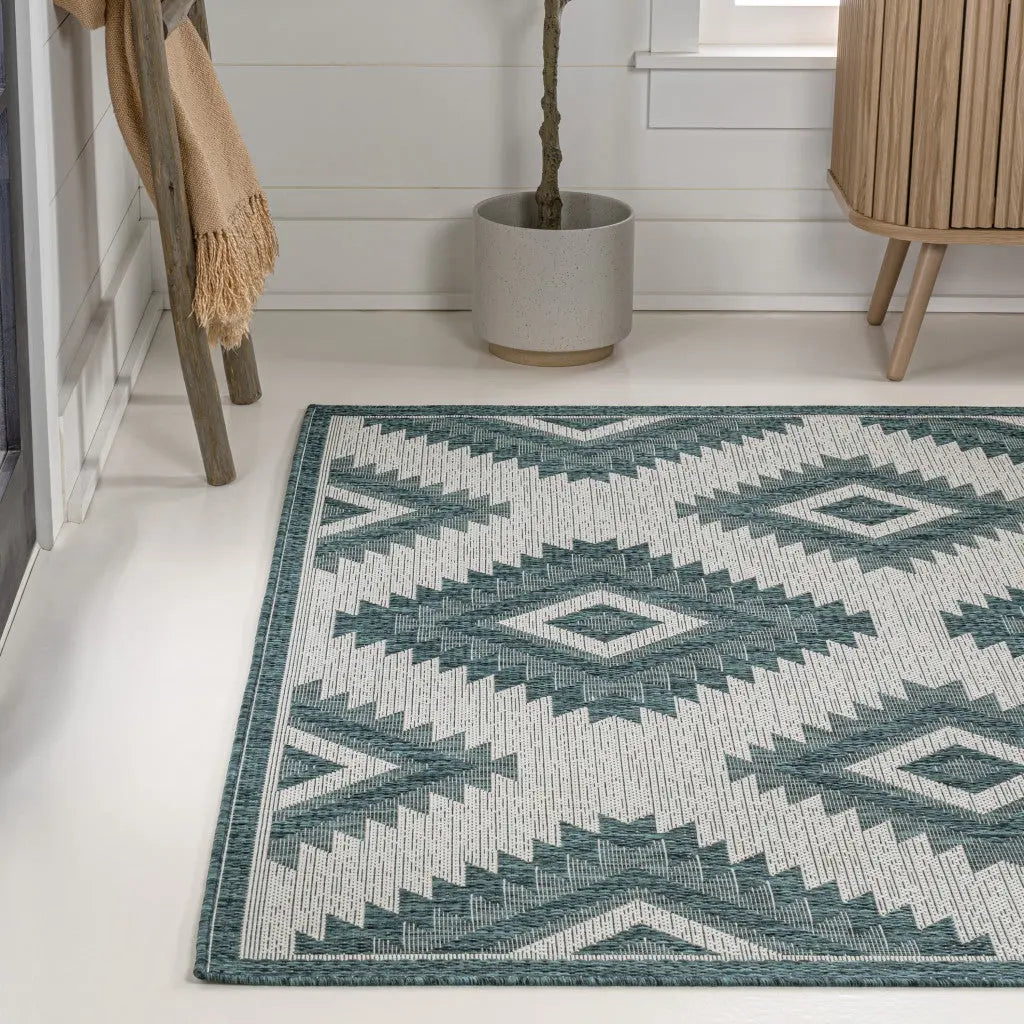 8' X 10' Turquoise And Cream Moroccan Indoor Outdoor Area Rug - GreatEagleInc