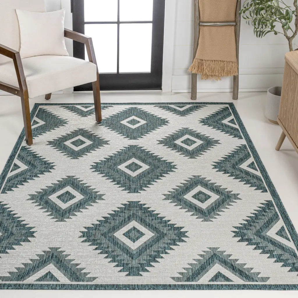 8' X 10' Turquoise And Cream Moroccan Indoor Outdoor Area Rug - GreatEagleInc