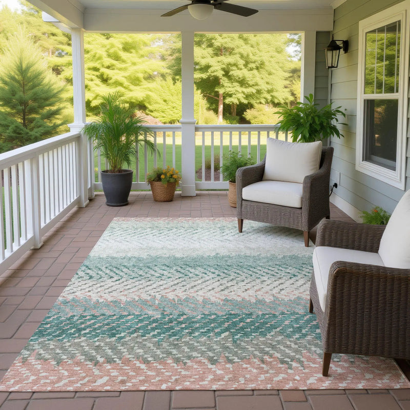 8' X 10' Turquoise And Teal Blue Striped Washable Indoor Outdoor Area Rug Homeroots Outdoor