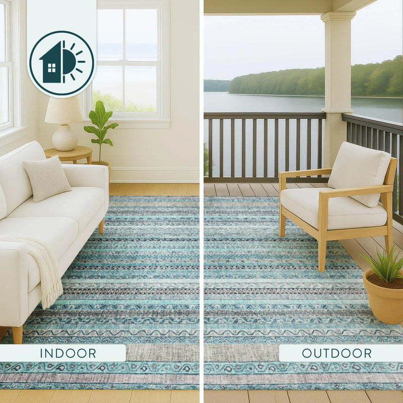 Blue and turquoise striped indoor/outdoor rug, durable material, perfect for enhancing any space.