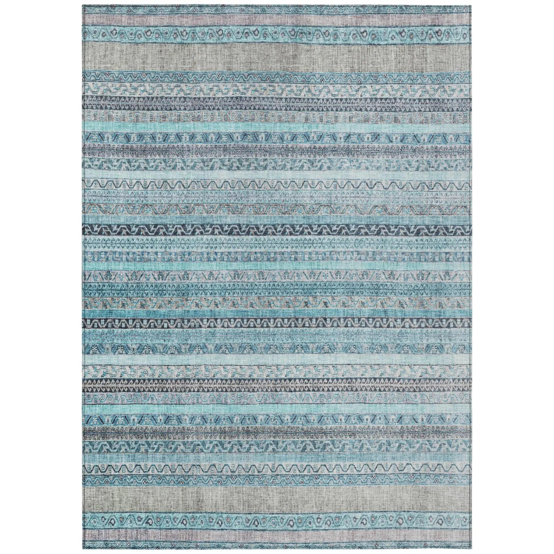 Turquoise and navy striped area rug with intricate patterns, perfect for modern home decor.